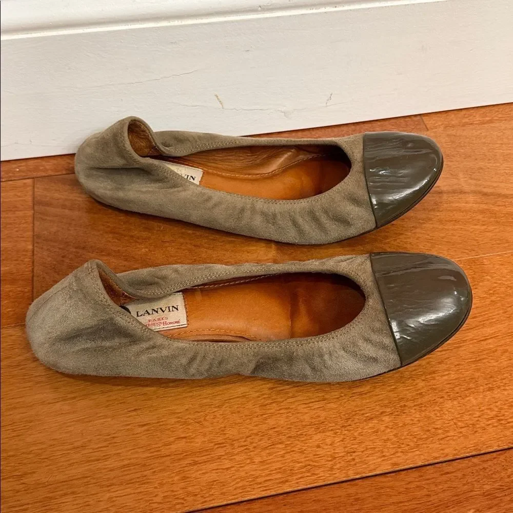 Lanvin Paris Cap Toe Ballet Flats Brown Gray‎ Suede Black Patent Leather 37